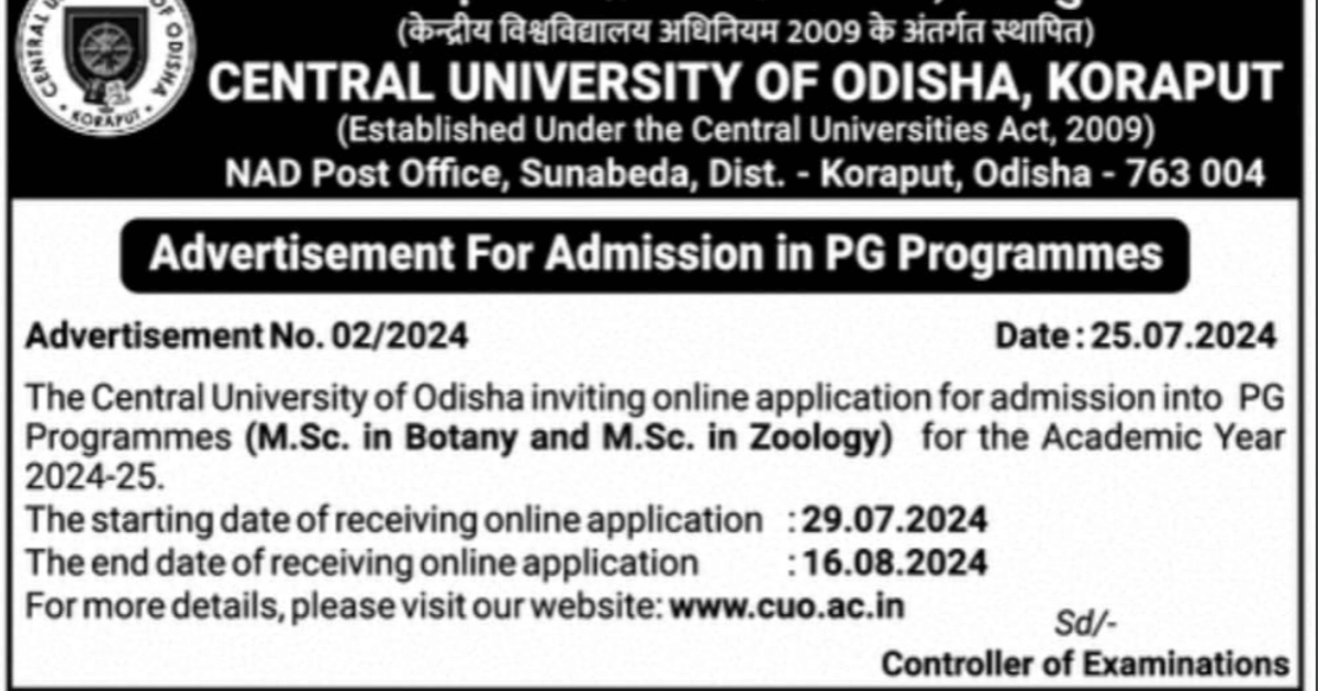 central university of odisha M .sc(botany zoology) admission 