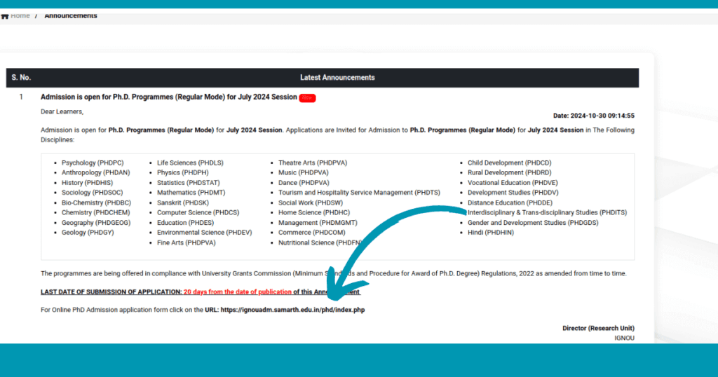 ignou phd admission apply online 